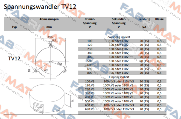 TV12, 690/100V Kl.0,5 20VA  Revalco