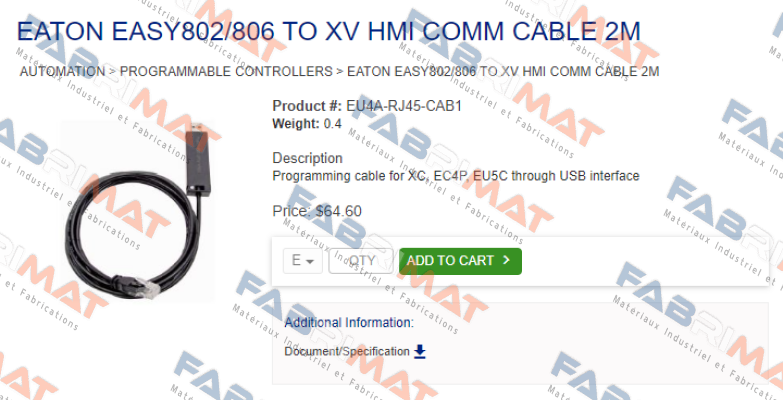 EASY802/806 - P/N EU4A-RJ45-CAB1 Moeller (Eaton)